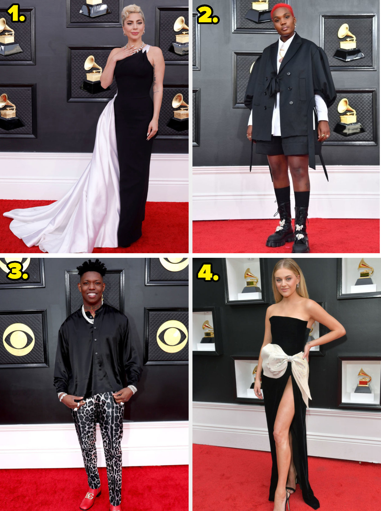 1. A one-shouldered gown with a colorblock skirt. 2. A button-down shirt with a cape and shorts, worn with combat boots. 3. A silk button-down shirt worn with animal print pants. 4. A strapless gown with a thigh slit and a giant bow around the waist.