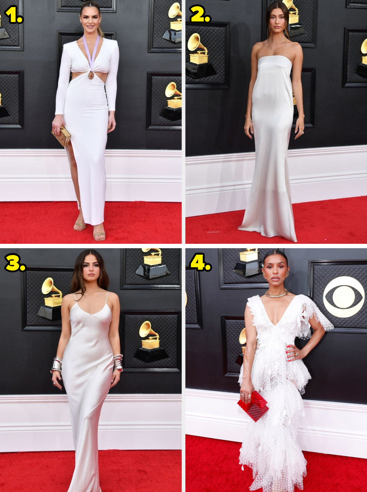 1. A long-sleeved gown with cutouts by the ribs and a strap at the neck. 2. A strapless silk dress. 3. A silk slip dress. 4. An asymmetrical gown with a pattern and jagged hem.