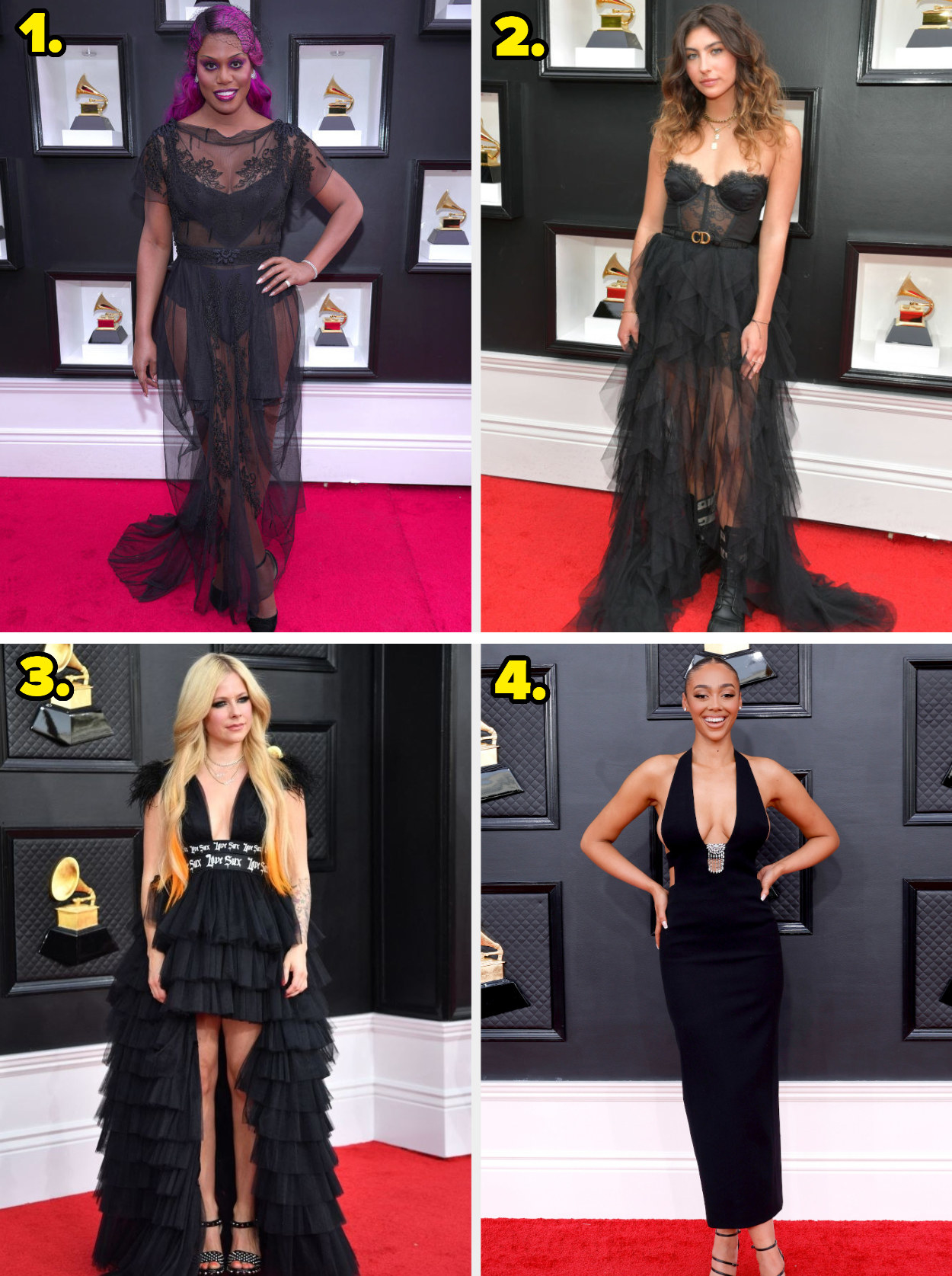 1. A sheer gown with patterned lace and tulle. 2. A corset gown with a sheer asymmetric skirt and combat boots. 3. A gown with feathered cap sleeves and a tiered, ruffled high-low skirt. 4. A halter gown with some silver detailing.