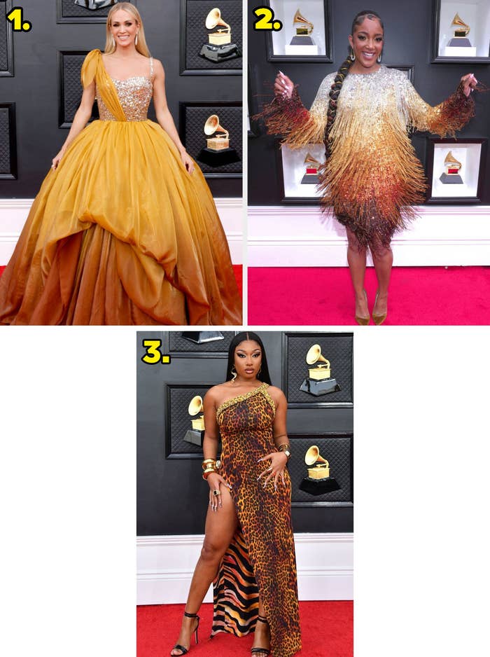 1. A one-shoulder ball gown with a sequined bodice. 2. A short long-sleeved dress covered in multicolored ombre fringe. 3. A one-shoulder gown covered in different animal print.