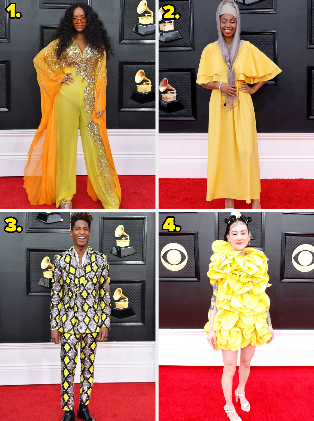 1. A long-sleeved jumpsuit with sequin embellishments and huge bell sleeves. 2. A tiered gown with a headscarf. 3. A printed suit with sequins. 4. A short dress that has ruffles that imitate flower petals.