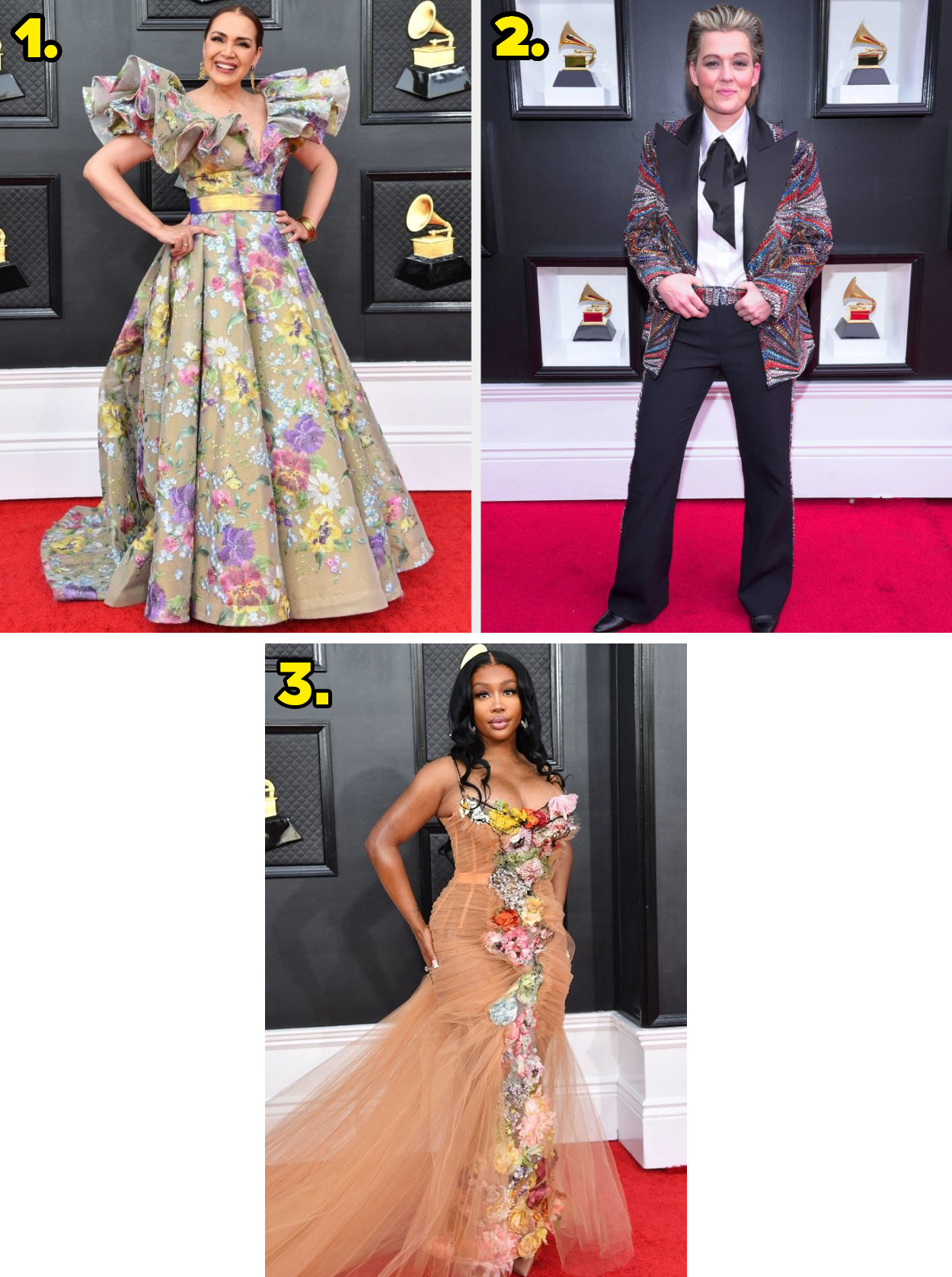 1. A floral printed ball gown with a giant ruffled neckline. 2. A suit jacket printed with several different colors and a collared shirt with a bow tied at the collar. 3. A nude colored tulle gown with flowers running all the way down the dress.