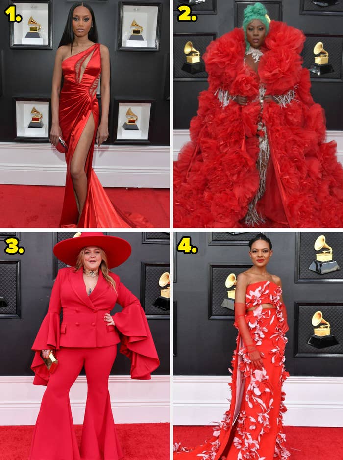 1. A one-shoulder gown with cutouts along ribs and down chest, with a thigh slit. 2. A giant poofy gown that&#x27;s made of tulle. 3. A blazer with giant bell sleeves and matching bell bottom pants with a big hat. 4. A strapless gown with flower appliqués.