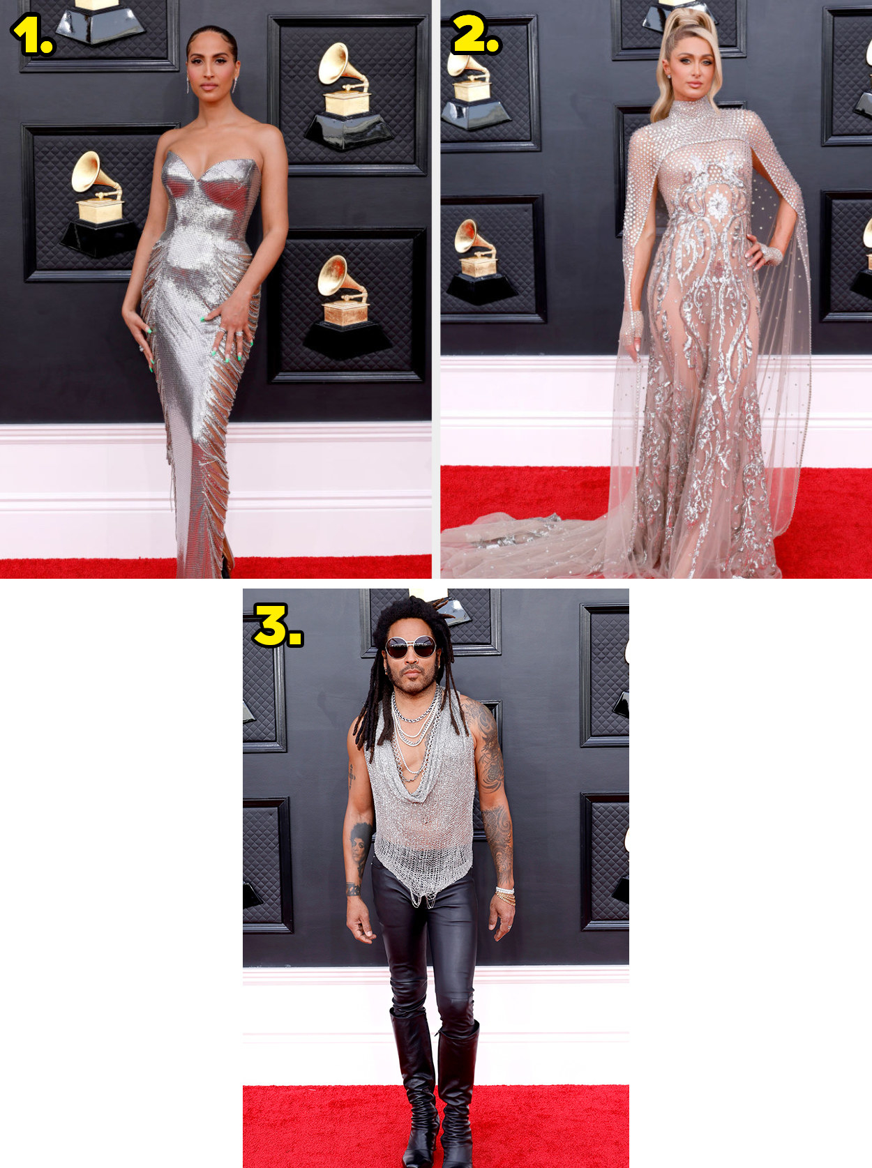 1. A strapless gown covered in sequins. 2. A sheer gown with metal embellishments and detailing. 3. A sheer sparkling top with leather pants and matching leather boots.