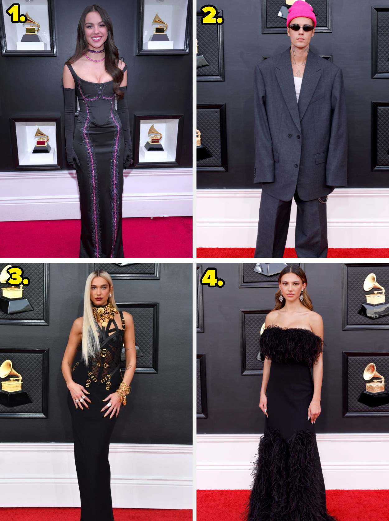 1. An off-the-shoulder gown with lines emphasizing the bust and hips, worn with long gloves. 2. A giant baggy suit worn with a beanie. 2. A strapless gown worn with a harness. 4. A strapless gown with feathers on the bodice and the skirt.