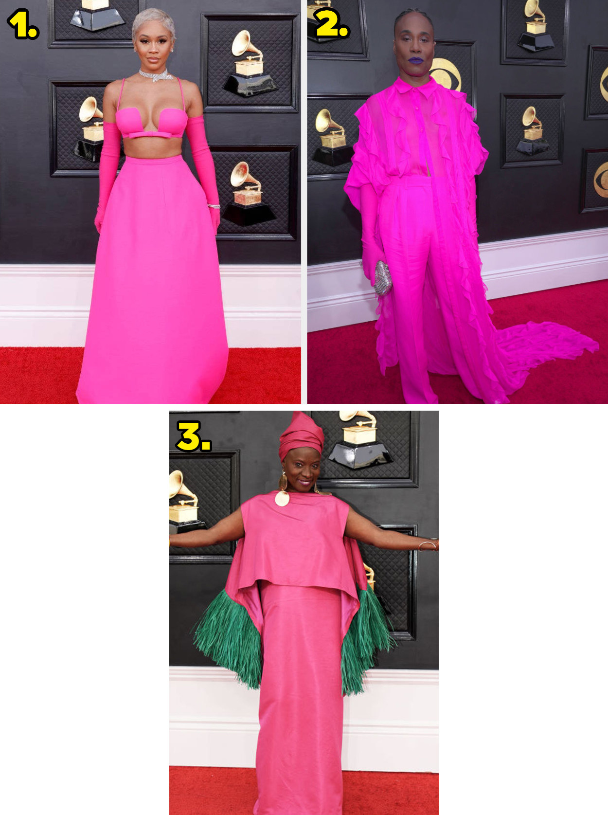 1. A two-piece gown with a crop top and full A-line skirt. 2. A monochromatic outfit with a sheer top, matching cape, and dress pants. 3. A long pink tiered gown with colored fringe and a matching head scarf.