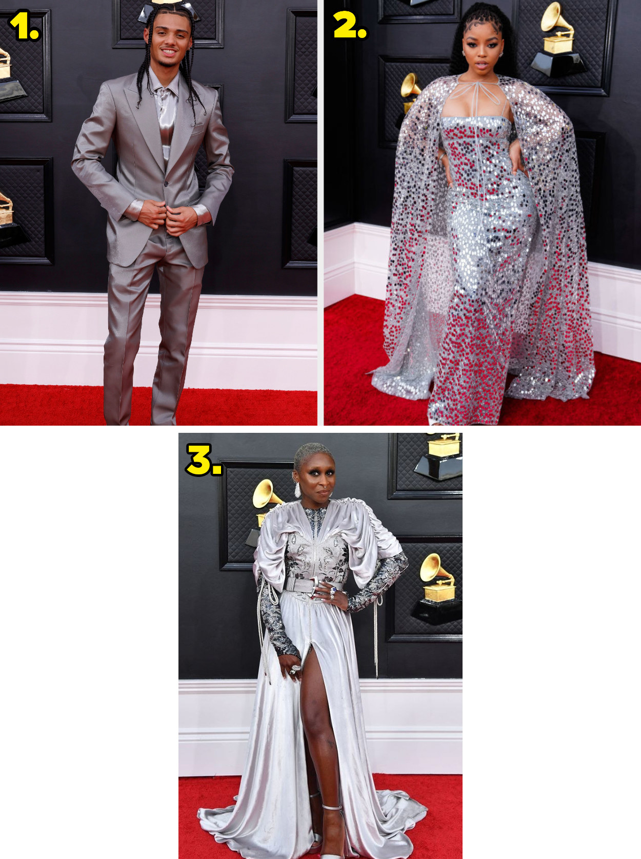 1. A monochromatic suit. 2. A sparkling gown with a matching cape. 3. A long-sleeved gown with a thigh slit and a belt around the waist.