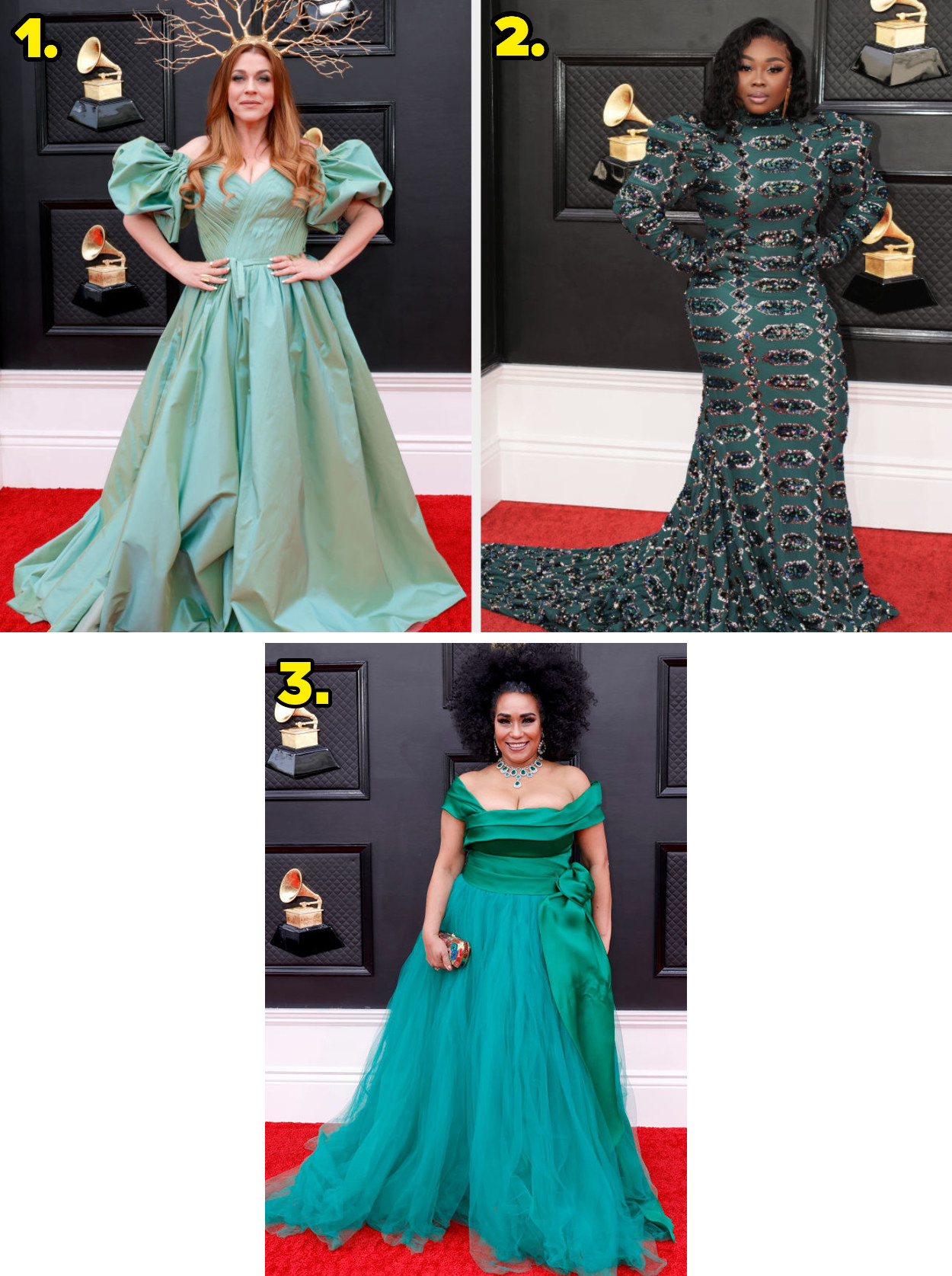 1. An off-the-shoulder ball gown with a crown that imitates tree branches. 2. A printed gown with puffy shoulder pads. 3. An off-the-shoulder gown with a flowy skirt and a sash tied into a bow around the waist.