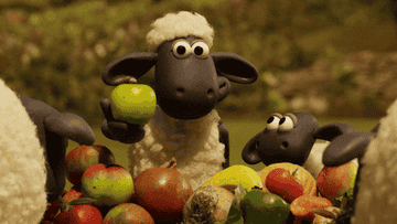 Shaun the Sheep eating apples