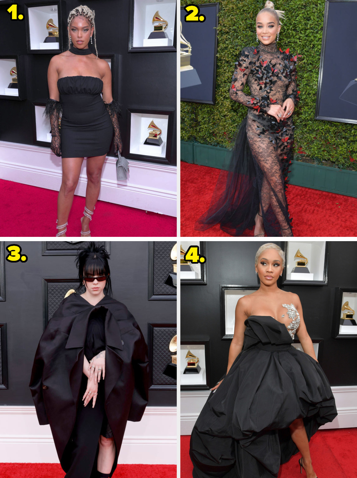 1. A strapless minidress with sheer printed gloves. 2. A sheer gown with a poofy train and flower appliqués all over. 3. A short dress with a giant cape. 4. A poofy asymmetrical gown with a metal flower appliqué covering one breast.