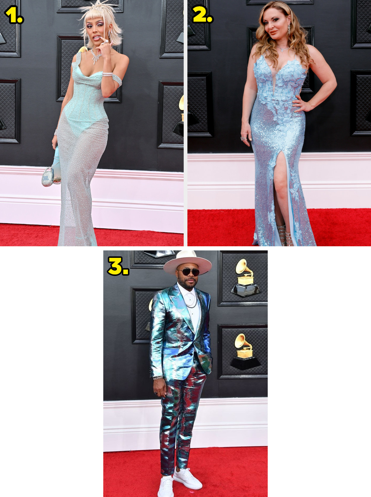 1. An off-the-shoulder gown with a corset and a sheer skirt. 2. A strapless gown with flower appliqués and a huge thigh slit. 3. A very shiny printed suit.