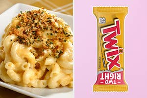 On the left, some mac and cheese topped with bread crumbs and herbs, and on the right, a Twix bar