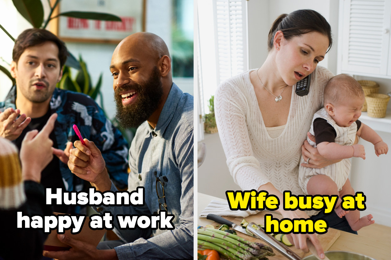 a man happy at work with his colleagues while his wife is stressed and busy at home