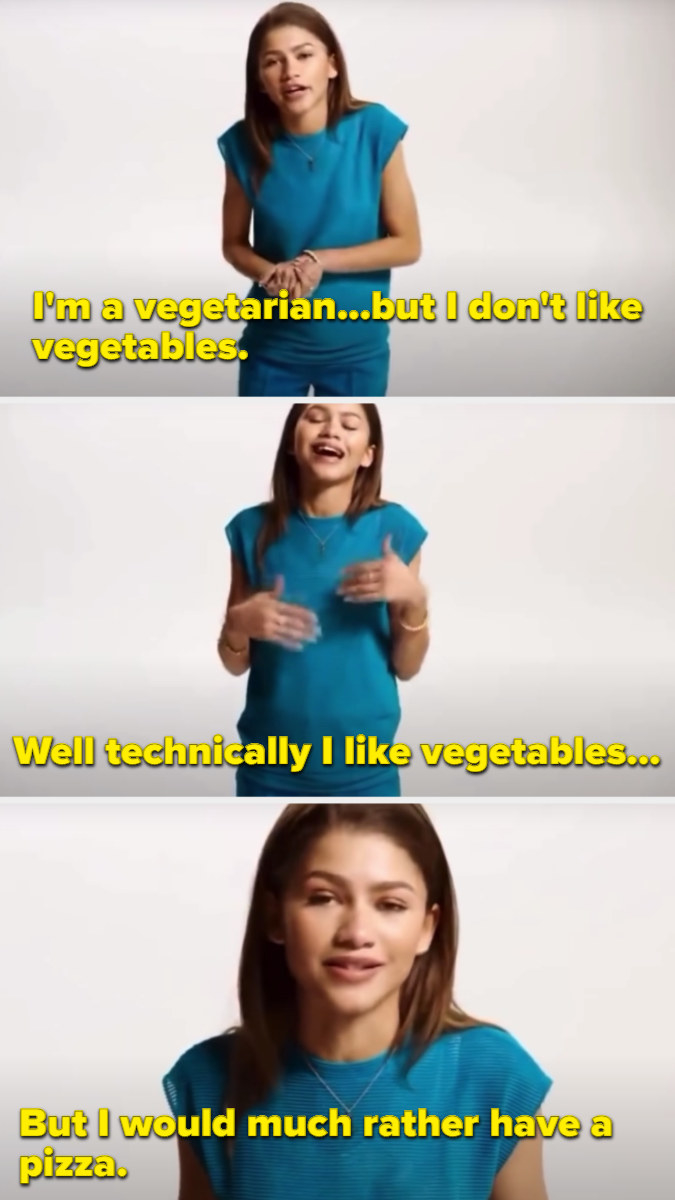 Zendaya explaining she is a vegetarian but she would rather eat pizza