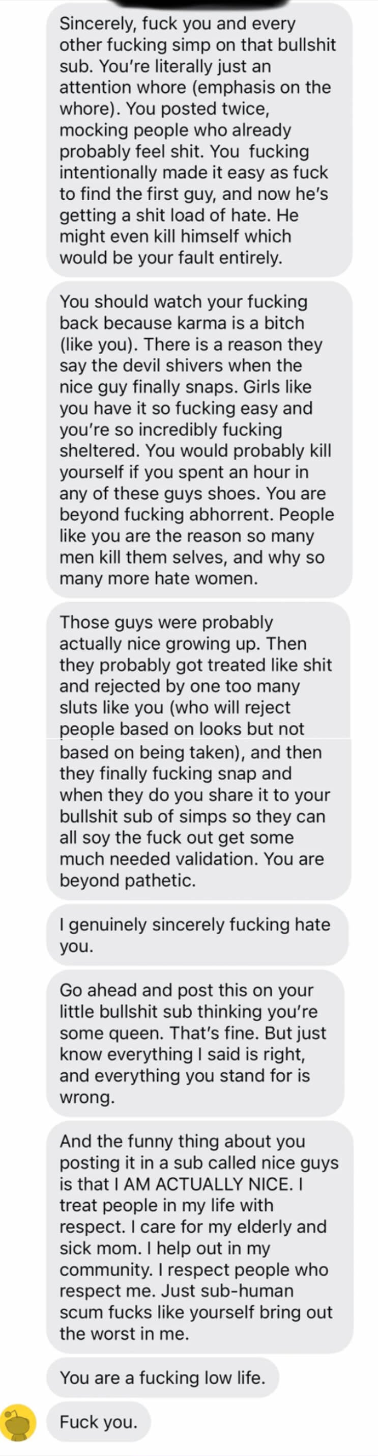 messages calling a girl an attention-grabber and saying she&#x27;s the reason men hate women and that men kill themselves, and that he&#x27;s actually nice in real life