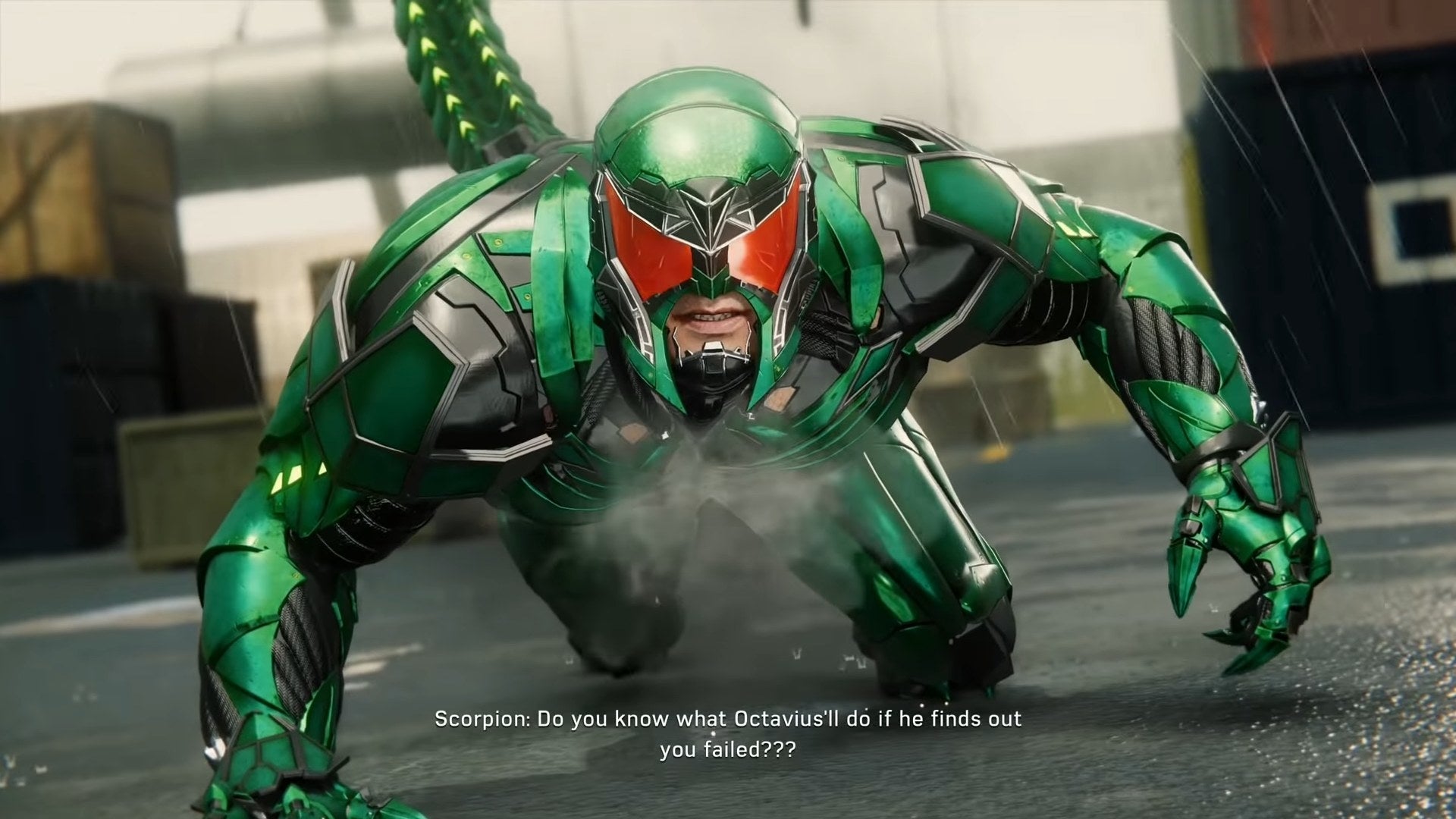 Scorpion crouching in the docks in "Marvel's Spider-Man"