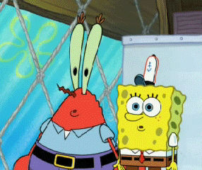 Spongebob Squarepants and Mr. Krabs stunned at the Krusty Krab.