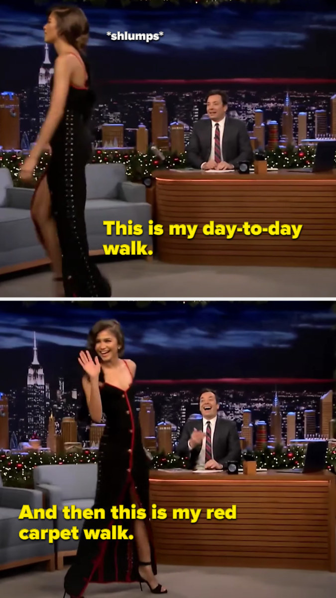 Zendaya showing off her red carpet walk vs her regular walk on Jimmy Fallon