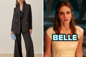 On the left, someone wearing a monochromatic suit, and on the right, Emma Watson as Belle in Beauty and the Beast
