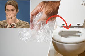 A hand holds plastic wrap, an open toilet seat, and a close up of Bill Hader with his hands over his mouth