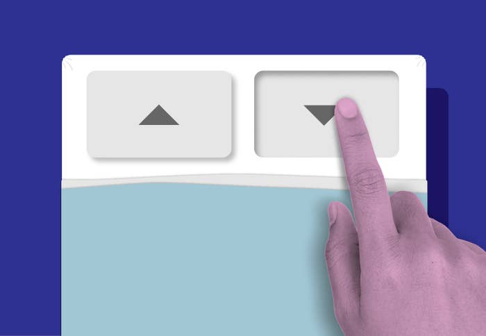 An illustration of a bed where the pillows are the up and down arrows from a thermostat. A giant hand is turning down the temperature