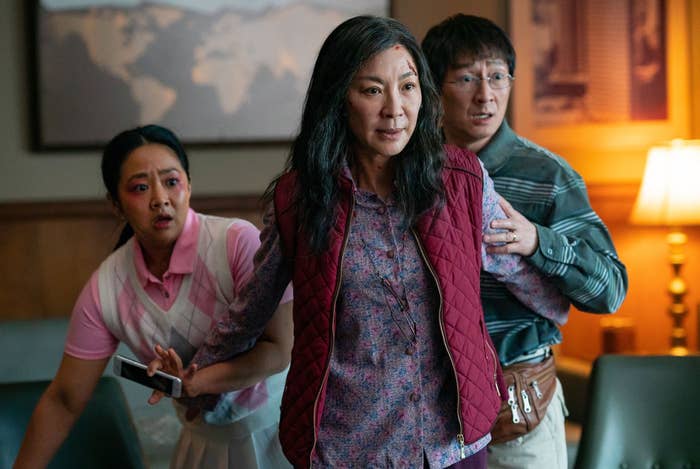 Stephanie Hsu, Michelle Yeoh, and Ke Huy Quan in Everything Everywhere All at Once