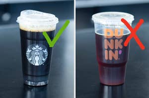 A Starbucks cup with a green checkmark, and a Dunkin' cup with a red X