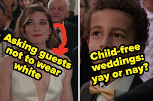 "asking guests not to wear white" and "child-free weddings: yay or nay?"