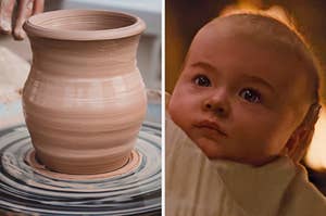 On the left, a vase on a pottery wheel, and on the right, baby Renesmee from Twilight