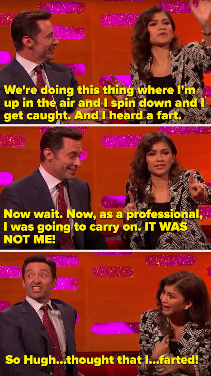 Zendaya explaining how she didn&#x27;t fart in front of Hugh Jackman on the movie set