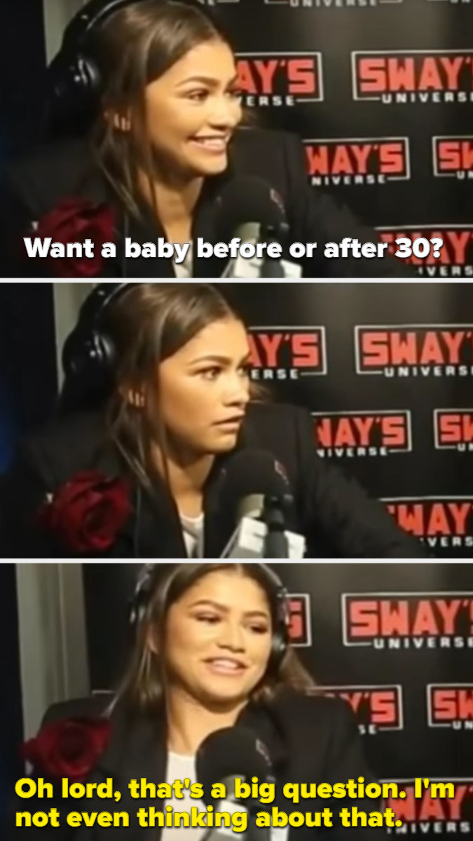 Zendaya saying she&#x27;s not even thinking about having kids after an interviewer asked her if she wants kids before or after 30