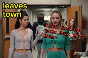 Maddy and Cassie are walking down the street labeled, "leaves town" and "leaves town, but with Nate"