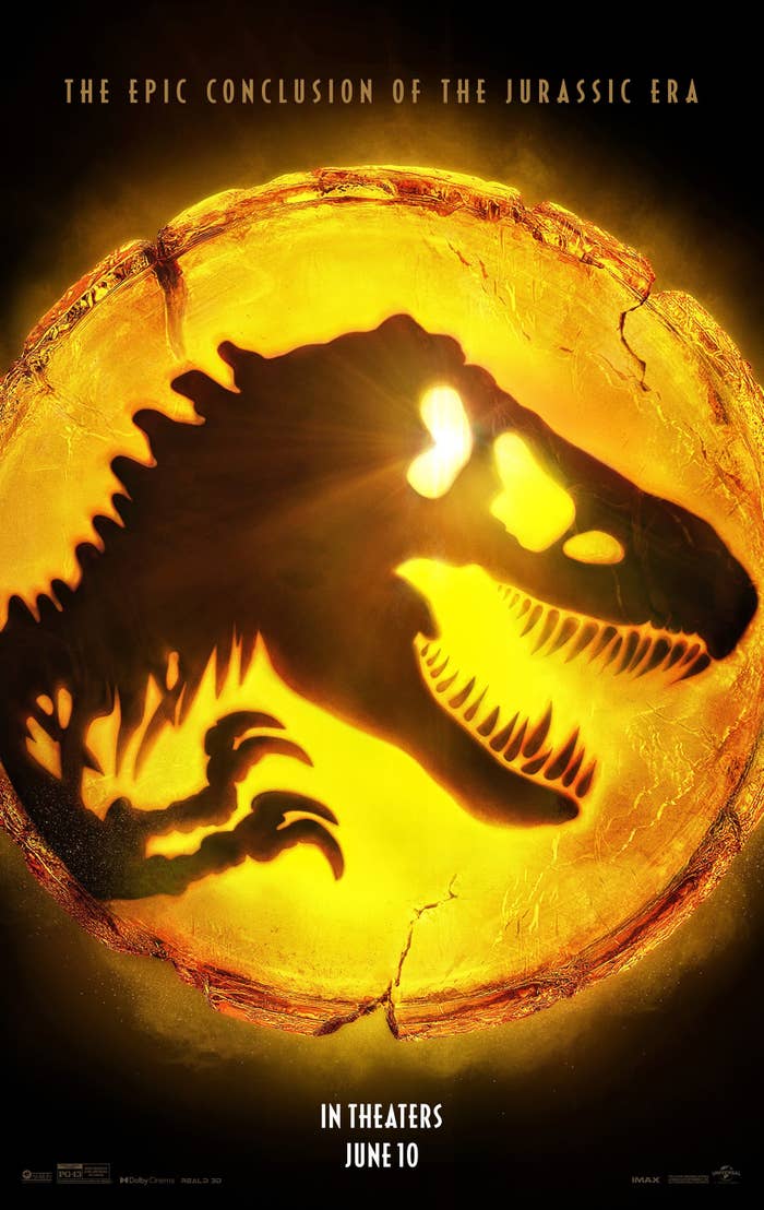 The poster for "Jurassic World Dominion" shows a dinosaur skeleton