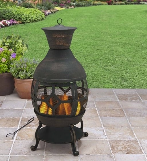 Chiminea with lit fire