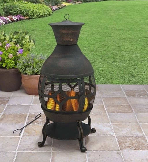 Chiminea with lit fire