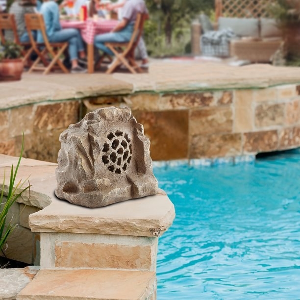 Rock speaker next to a pool