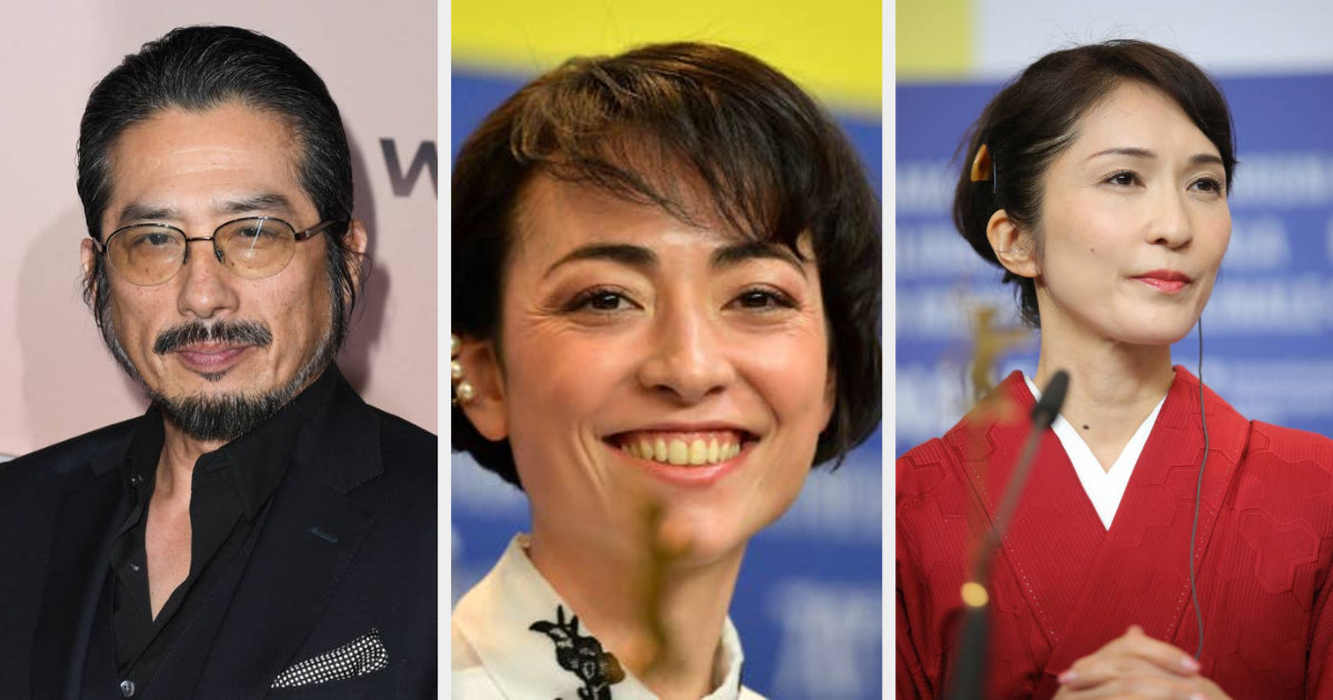 Hiroyuki Sanada poses at the 2020 premiere of &quot;Westworld&quot; Season 3,  Minami smilies at a 2020 &quot;Minamata&quot; press conference, Akiko Iwase is pictured at the same press conference