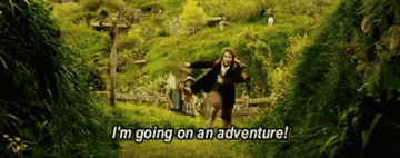 Bilbo Baggins running with map in hand and caption &quot;I&#x27;m going on an adventure!&quot;