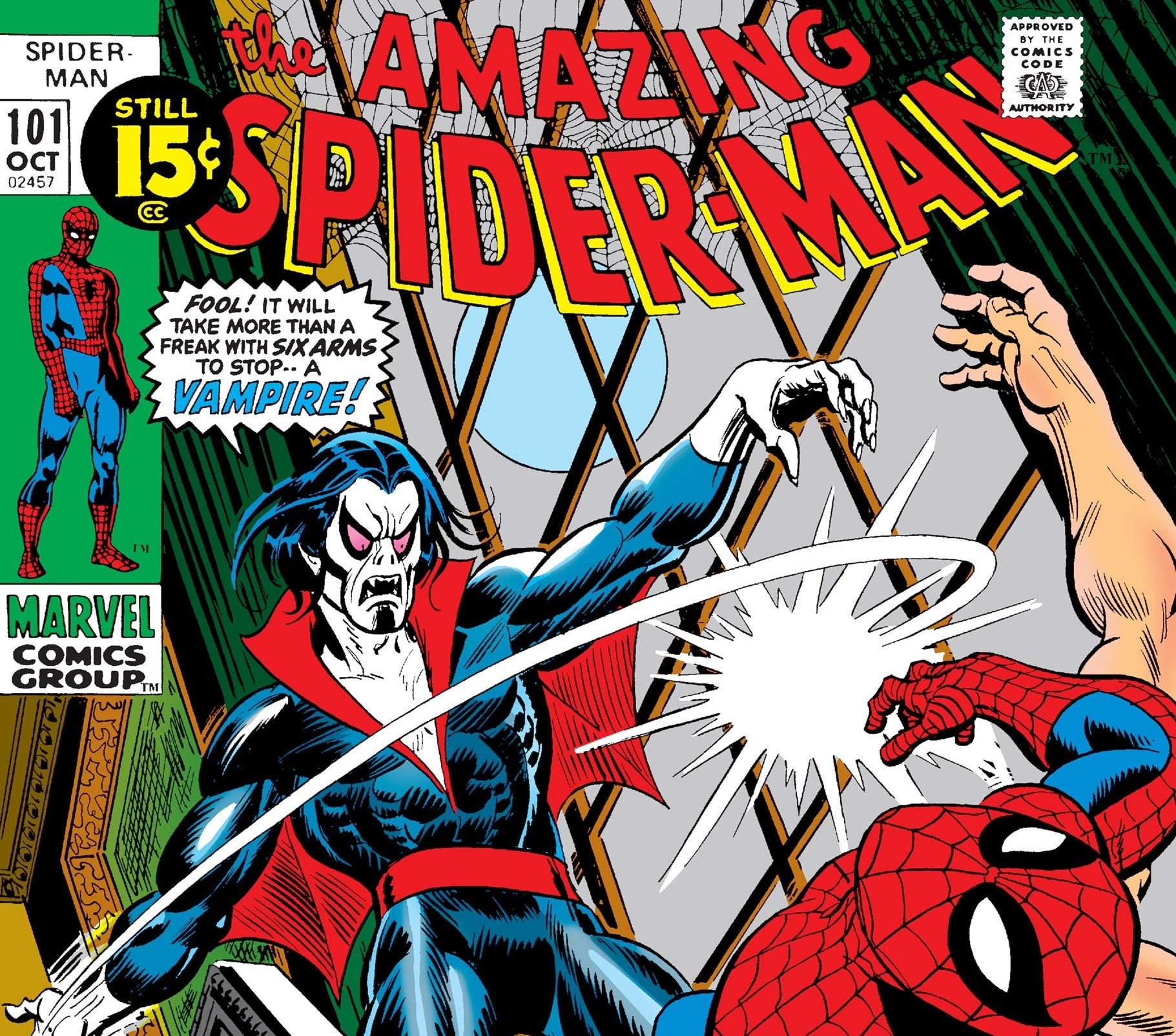 The cover of The Amazing Spider-Man #101: Spider-Man is knocked back as Morbius smacks him while saying "Fool! It will take more than a freak with six arms to stop.. a vampire!"