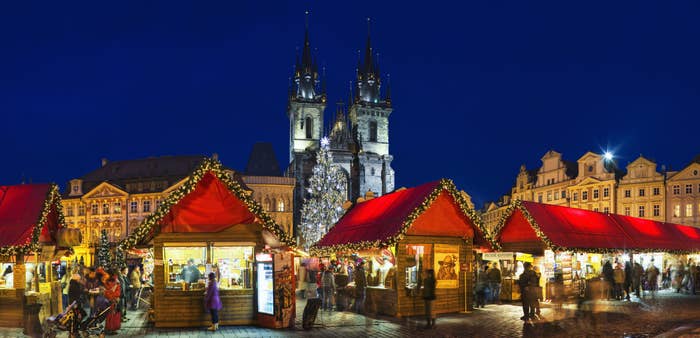 A Christmas market in a town square