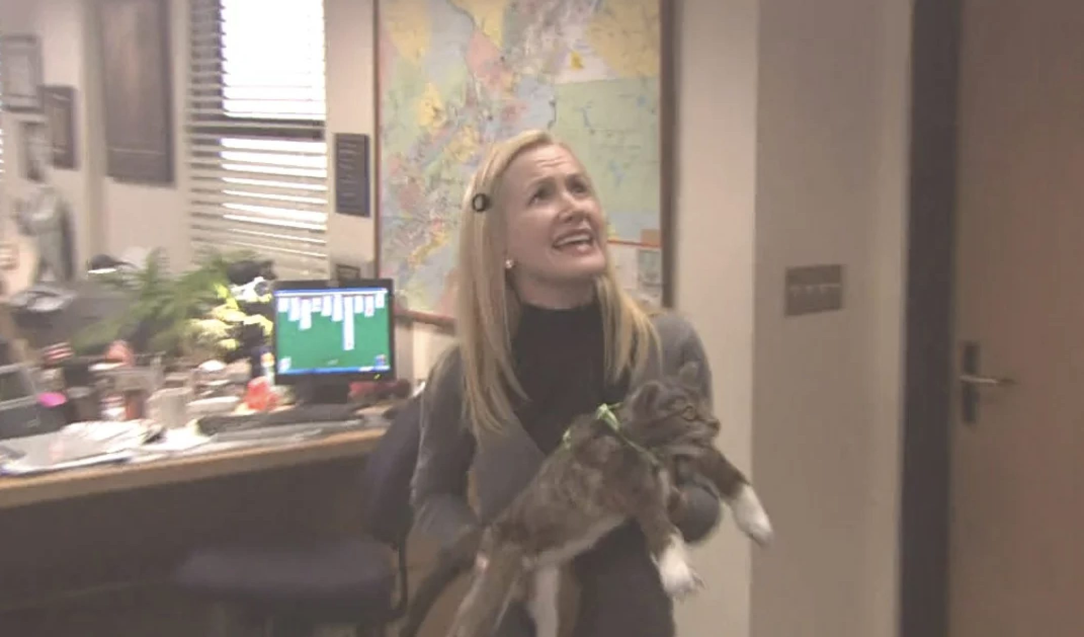 Angela Kinsey as Angela Martin throwing her cat bandit into the ceiling