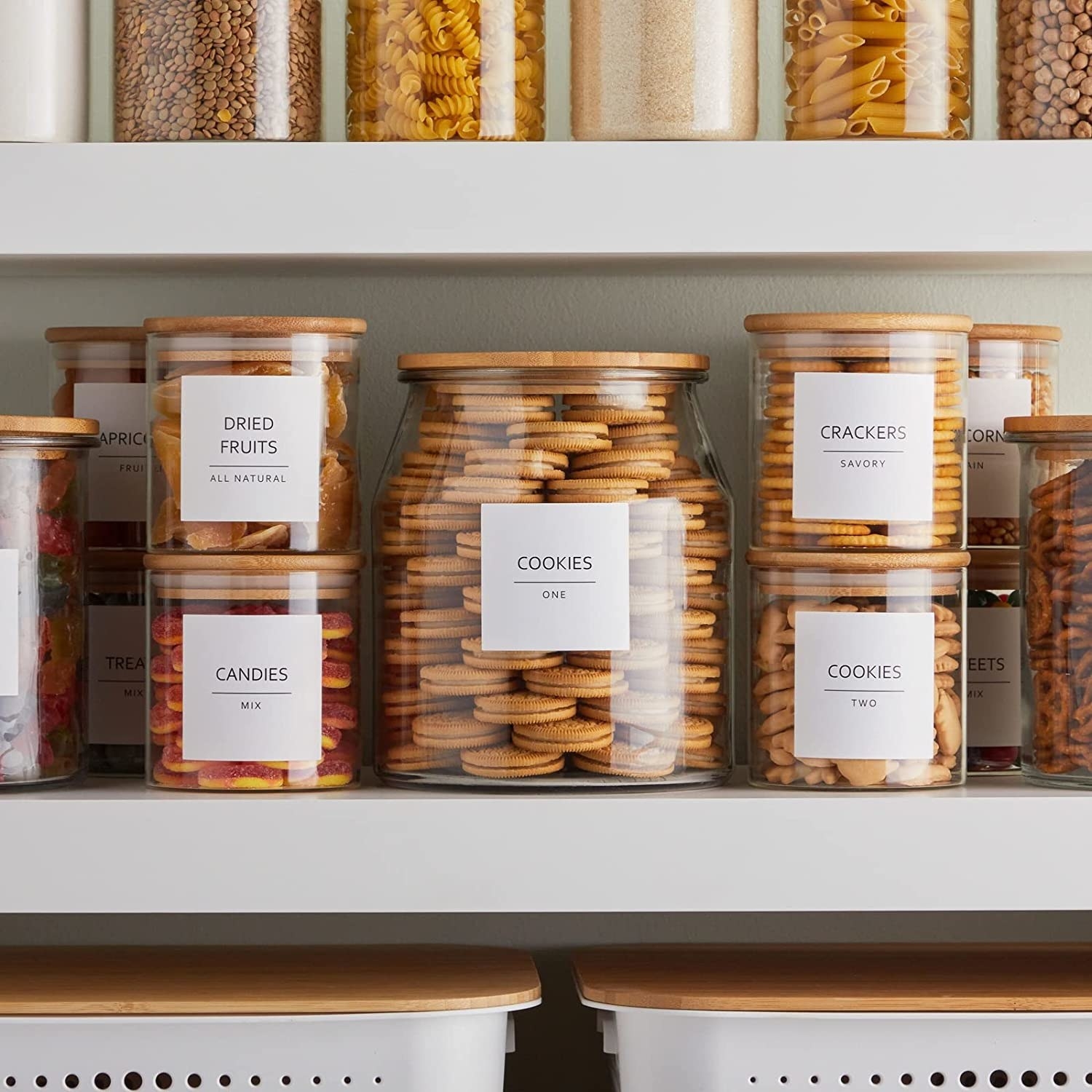 a set of pantry jars with the vinyl labels on the front
