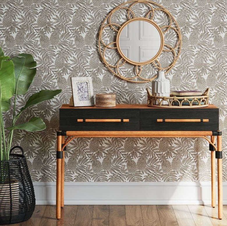 A wood and black console table