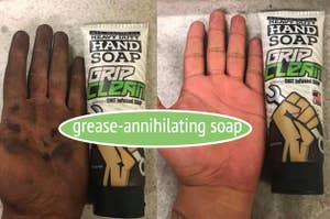 grease caked hand and then the same hand looking clean and moisturized thanks to heavy duty soap