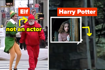 A man in "Elf" labeled "not an actor" and a smudge labeled as Hermione hiding in "Harry Potter"