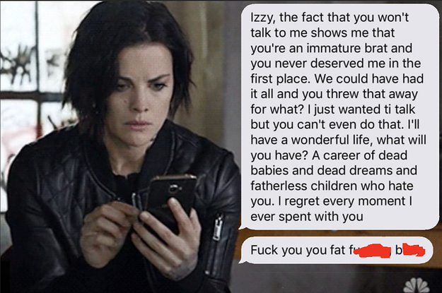 woman reading text rom man saying she never deserved him and will have a career of dead babies, dead dreams, and fatherless children