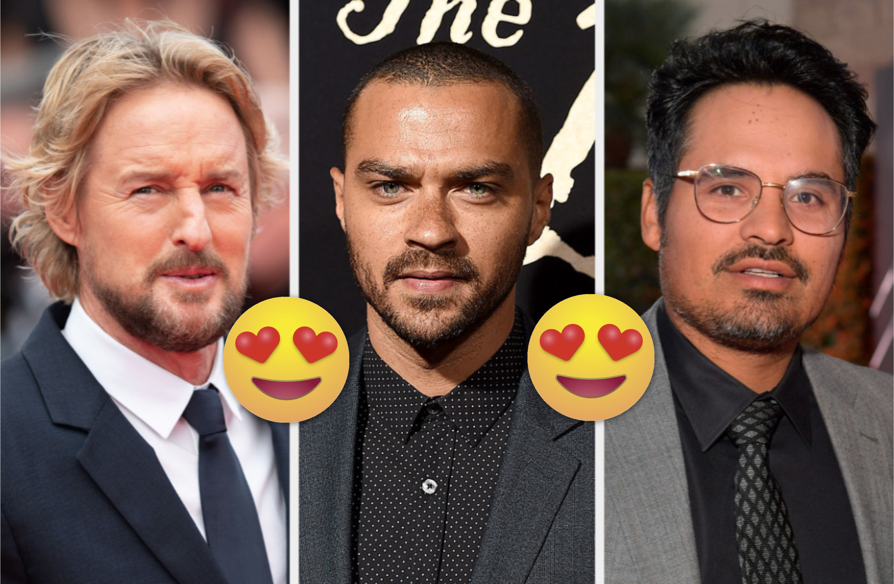 A close up of Owen Wilson, Jesse Williams, and Michael Peña