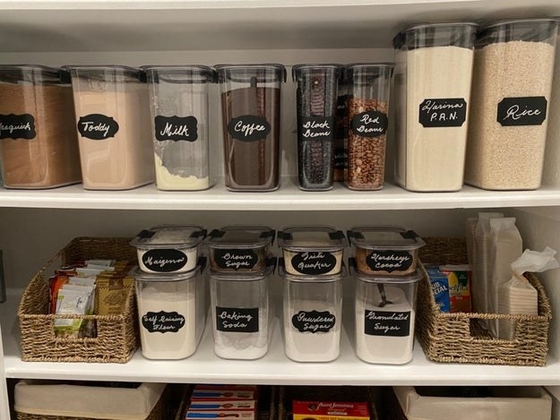 reviewer&#x27;s pantry organized with clear labeled storage containers