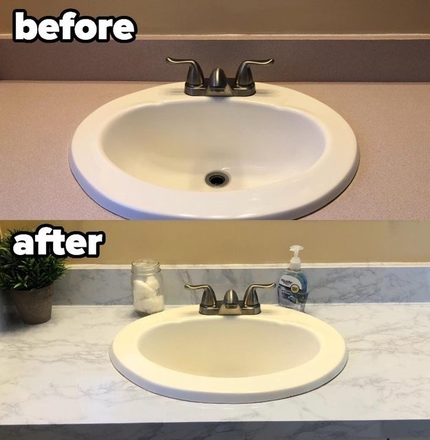 before and aft  of a reviewer's bath  counter, with the earlier  photograph  being aged  and pink. the caller   antagonistic  looks caller   and costly  with the marble paper