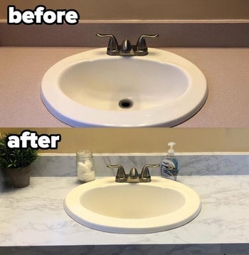 before and after of a reviewer's bathroom counter, with the before photo being old and pink. the new counter looks new and expensive with the marble paper